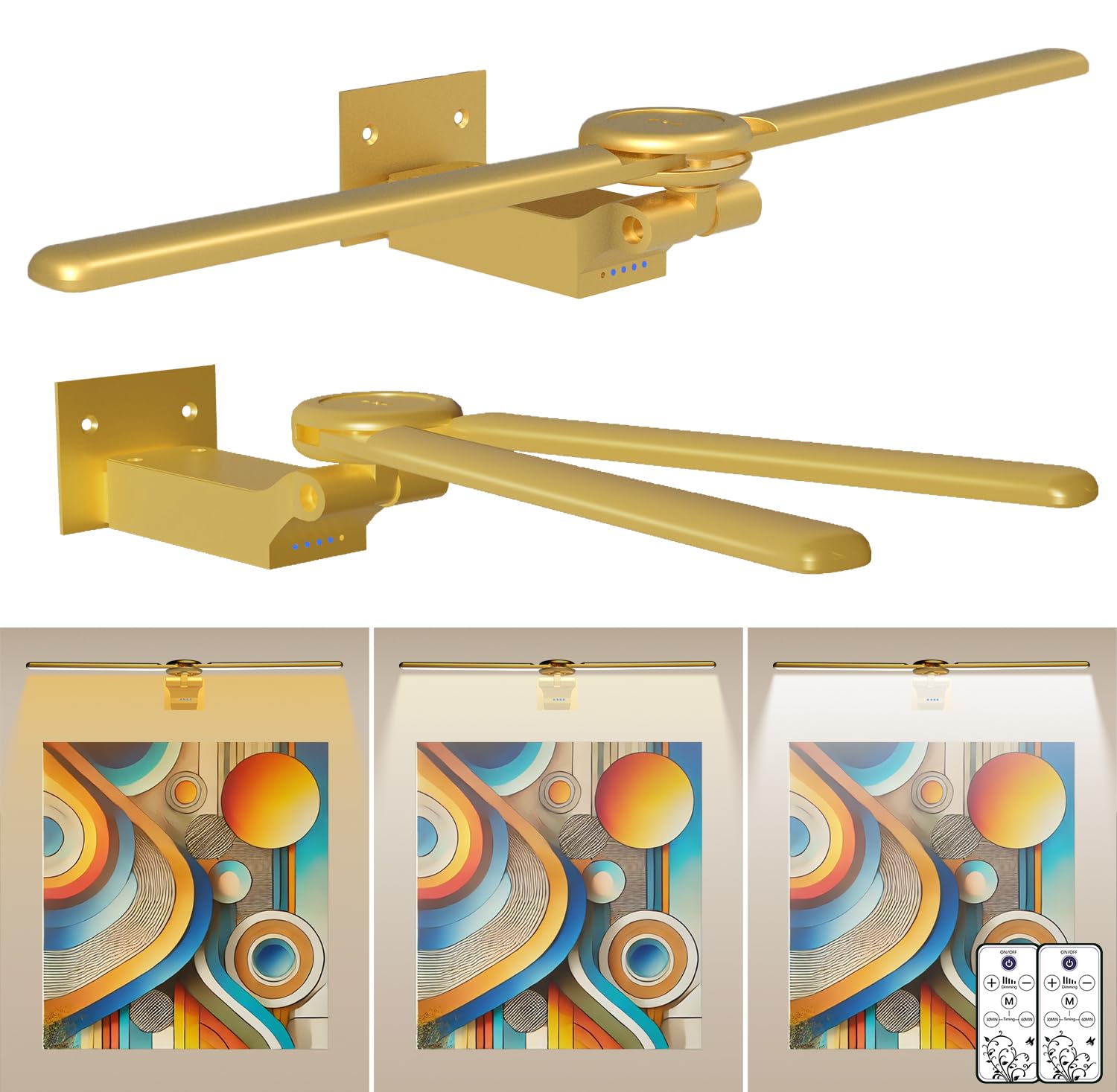 Photo 1 of cotaros 2 Pack Picture Light for Wall, 18in Rechargeable Wall Art Light with Timer and Dimmable, Battery Operated Painting Frame Light with Remote Control for Bedroom, Living Room, Dartboard (Gold)