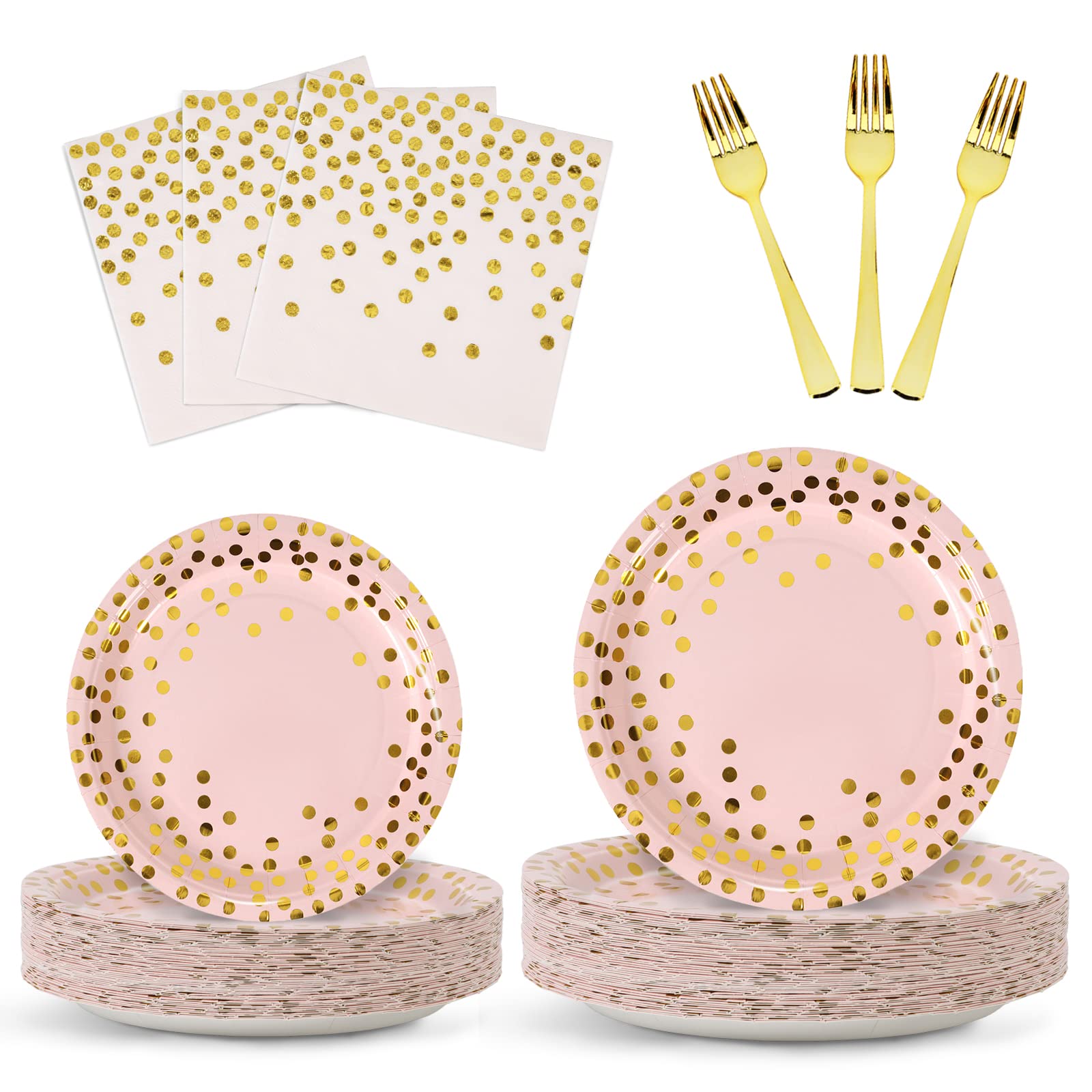 Photo 1 of Pink and Gold Party Plates and Napkins Supplies,Disposable Party Dinnerware,Pink Golden Dot Paper Plates,Napkins,Forks for Baptism,Baby Girl Shower,Wedding,Birthday Serve 25