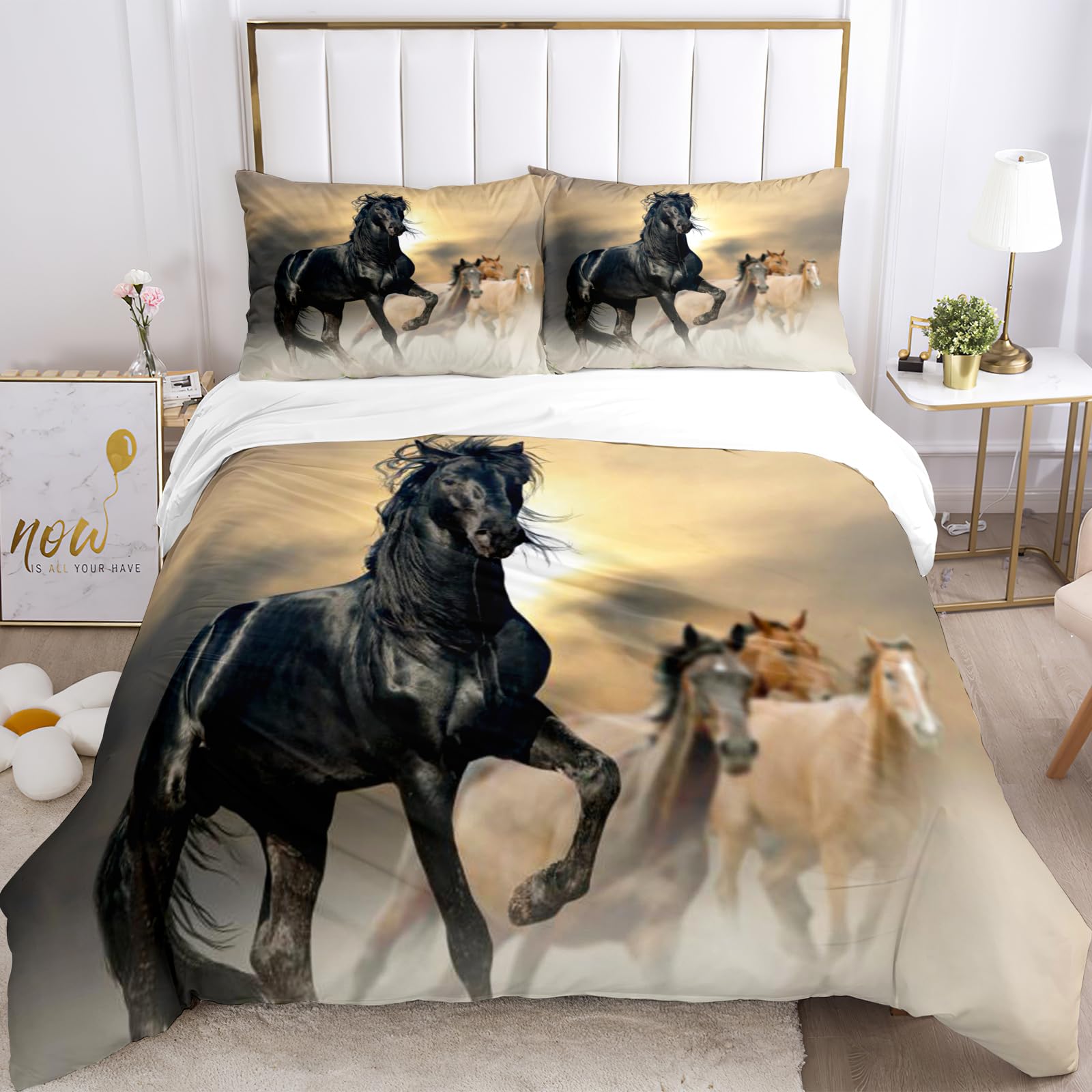 VTRXEG Horse Bed Linen Set 200 x 200, Animal Horse Motif Microfibre Duvet Cover Set, Children's Bed Linen Set, 3D Animal Horse Motif Duvet Cover with 2 Pillowcases (B, 135x200cm)