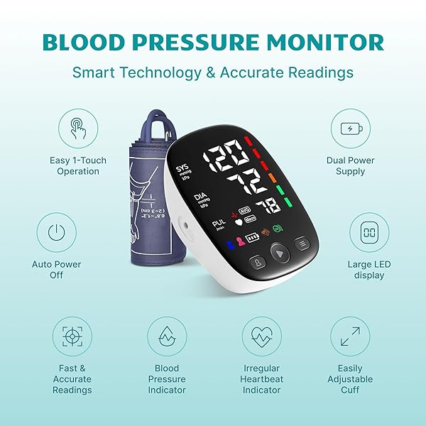 UPPER ARM BLOOD PRESSURE MONITOR WITH WIDE RANGE CUFF THAT FITS STANDARD TO LARGE ADULT ARMS, LARGE LED DISPLAY, IRREGULAR HEARTBEAT DETECTOR, CLINICALLY VALIDATED, USB-C POWER CABLE