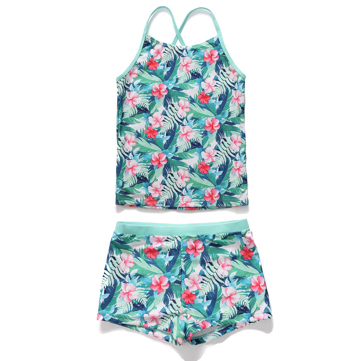 Photo 1 of PHIBEE Girls' Tankini Summer Rash Guard Bathing Suits Two Piece Cross Straps Swimsuit with Shorts 2-14 Years Green 10