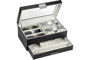 LANDICI Watch Box for Men Women 2 Layer PU Leather Watch Organizer Storage Case,Large Jewelry Box Watch Holder Organizer Display for Watch Sunglasses Bracelet Necklace Ring,Black & Grey
