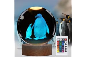 POSSHE Penguin Night Light, Penguin Gifts, K9 3.15 Inch (80mm) Crystal Ball Night Light with 16 Colors Remote Upgraded Lamp for Birthday Xmas Cool Animal Figurines Gifts for Room Decor Boys Girls