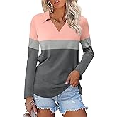 TICTICMISS Women's Long Sleeve Shirts V Neck Tunic Tops Dressy Casual Basic Tees Blouse Loose Collar Polos