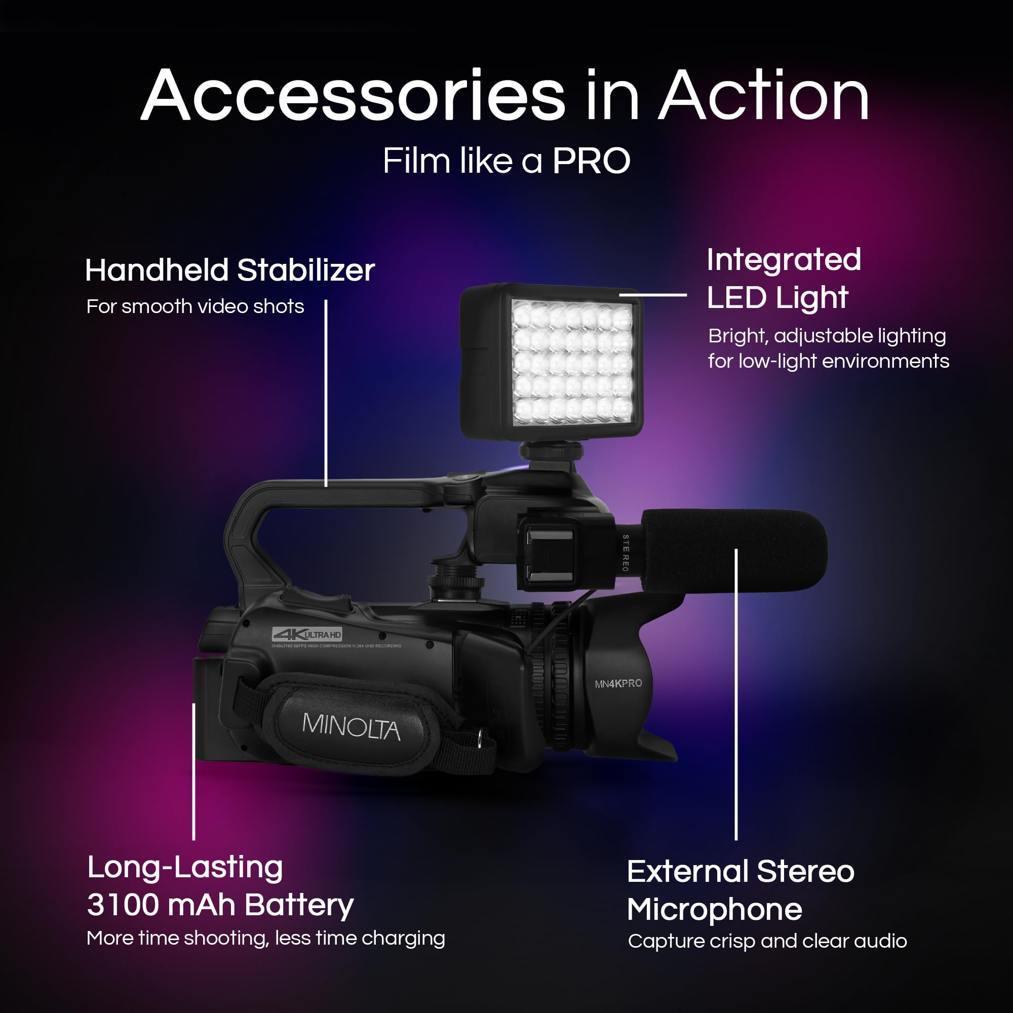 Minolta 64MP Autofocus Video Camera with Microphone & Video Light, 4