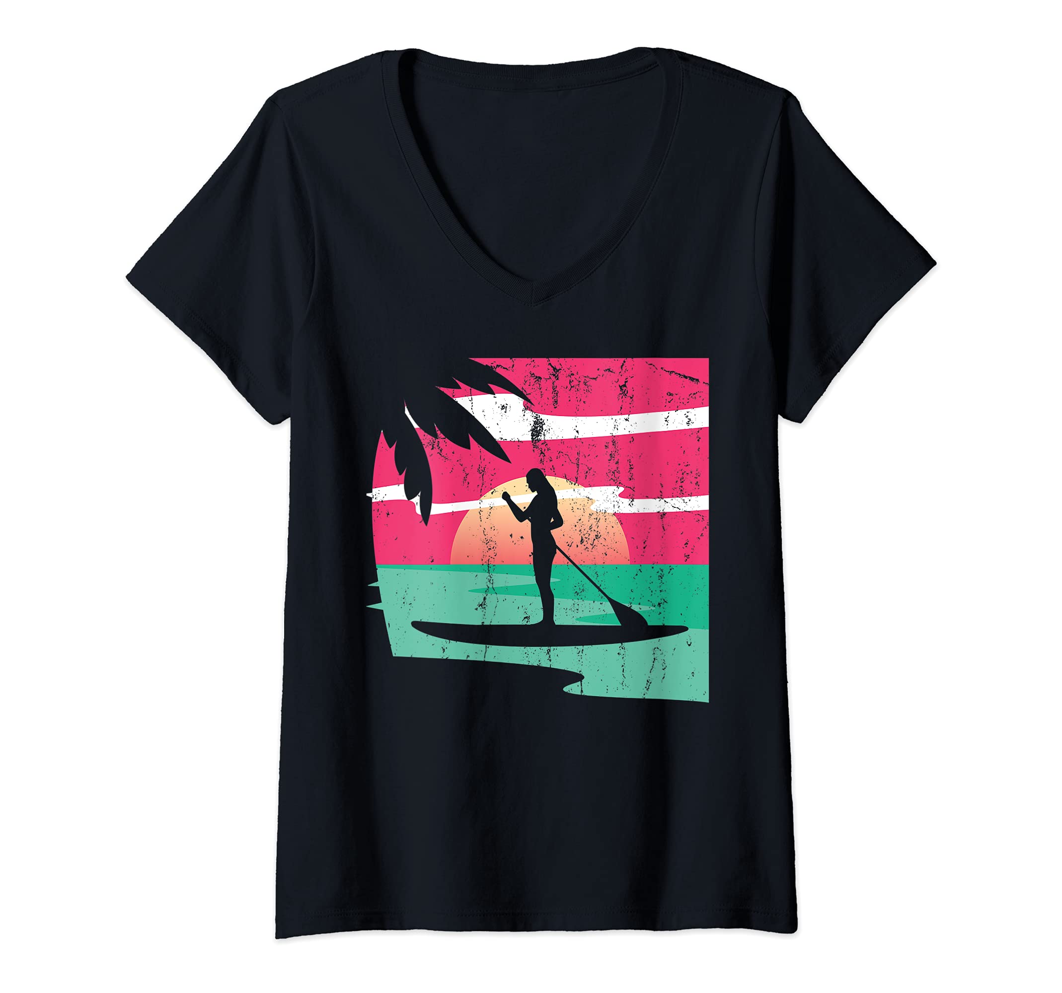 Womens Topical Sunset Beach SUP Paddleboarder Stand Up Paddling V-Neck T-Shirt