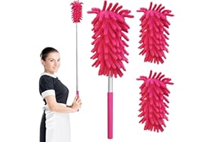 BAIDOON Microfiber Duster with 3 pcs Replaceable Microfiber Head, 10" to 30" Extendable Pole, Washable Dusters for Cleaning, Cleaning Supplies for Office, Car, Window, Furniture, Ceiling Fan (Rose Red)