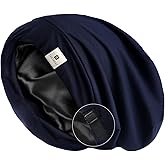 YANIBEST Silk Satin Bonnet Hair Wrap for Sleeping, Adjustable Slouchy Beanie for Women, Silk Lined for Curly Hair and Braids, Nave Blue