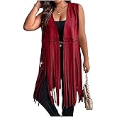 BEAUDRM Women's Plus Size Western Fringe Vest Vintage Tassel 70s Hippie Sleeveless Jackets Cowgirl Outfit