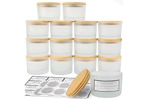 CONNOO 15 Pack 4 OZ Frosted Glass Candle Jars with Airtight Bamboo Lids for Making Candles, Bulk Small Wide Mouth Empty Candle Containers with Sticky Warning Labels - Dishwasher Safe