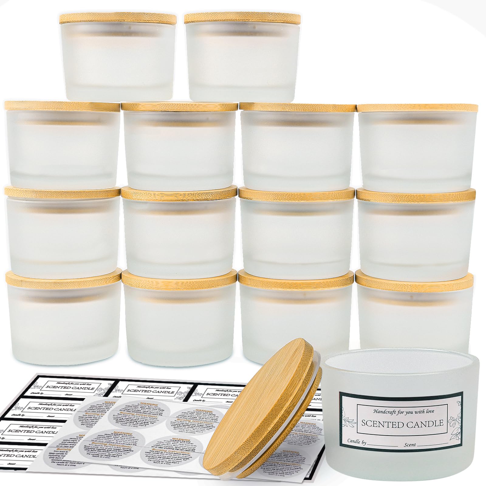 CONNOO 15 Pack 4 OZ Frosted Glass Candle Jars with Airtight Bamboo Lids, Bulk Small Wide Mouth Empty Candle Containers with Sticky Warning Labels - Dishwasher Safe