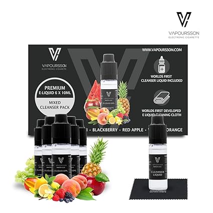 VAPOURSSON 6 X10ml E-Liquid mit Reiniger und Reinigungstuch, 0 mg (ohne Nikotin) Reinigungsflüssigkeit | Fruchtmischung | Man