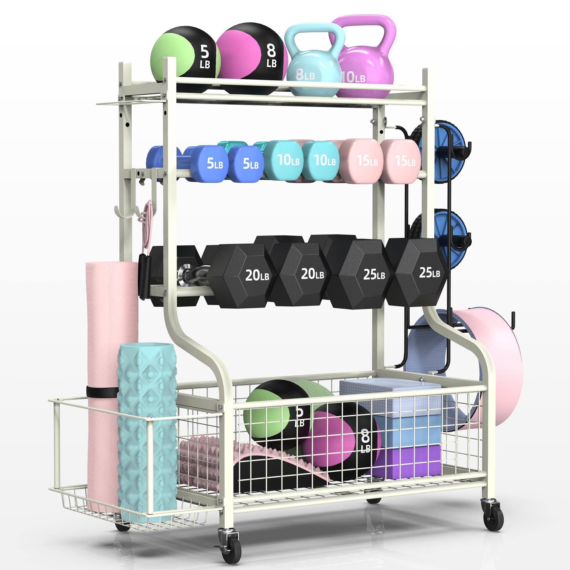 PLKOW Dumbbell Rack, Weight Rack for Dumbbells, Home Gym Storage for Dumbbells Kettlebells Yoga Mat and Balls, Multifunctional Workout Storage with Wheels and Hooks, Powder Coated Finish Steel Image