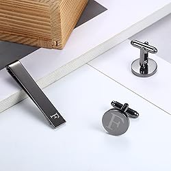 LOYALLOOK Black Initial F Cufflinks and Tie Clip