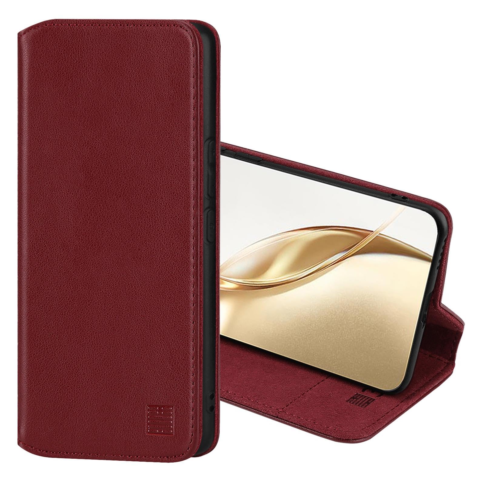 32nd Classic Series 2.0 - Real Leather Book Wallet Flip Case Cover For Honor 200 Pro, With RFID Blocking Card Slot, Magnetic Closure and Built In Stand - Burgundy