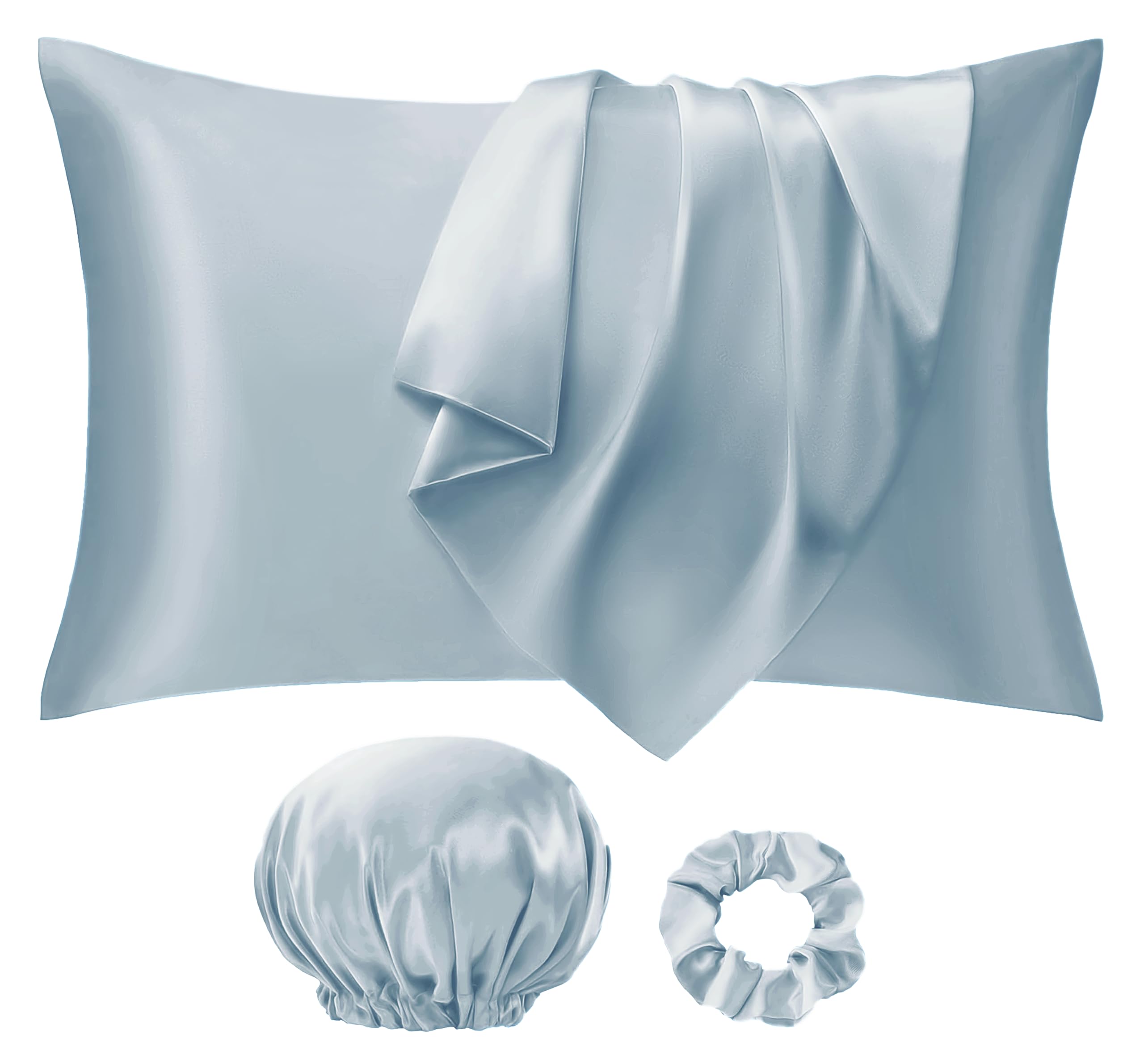 Seiwohl Satin Pillowcases for Hair and Skin 2 Pack & Satin Hair Scrunchie and Bonnet Set, Silky Pillow Cases with Envelope Closure, Stone Blue, Standard Size 50x75 cm