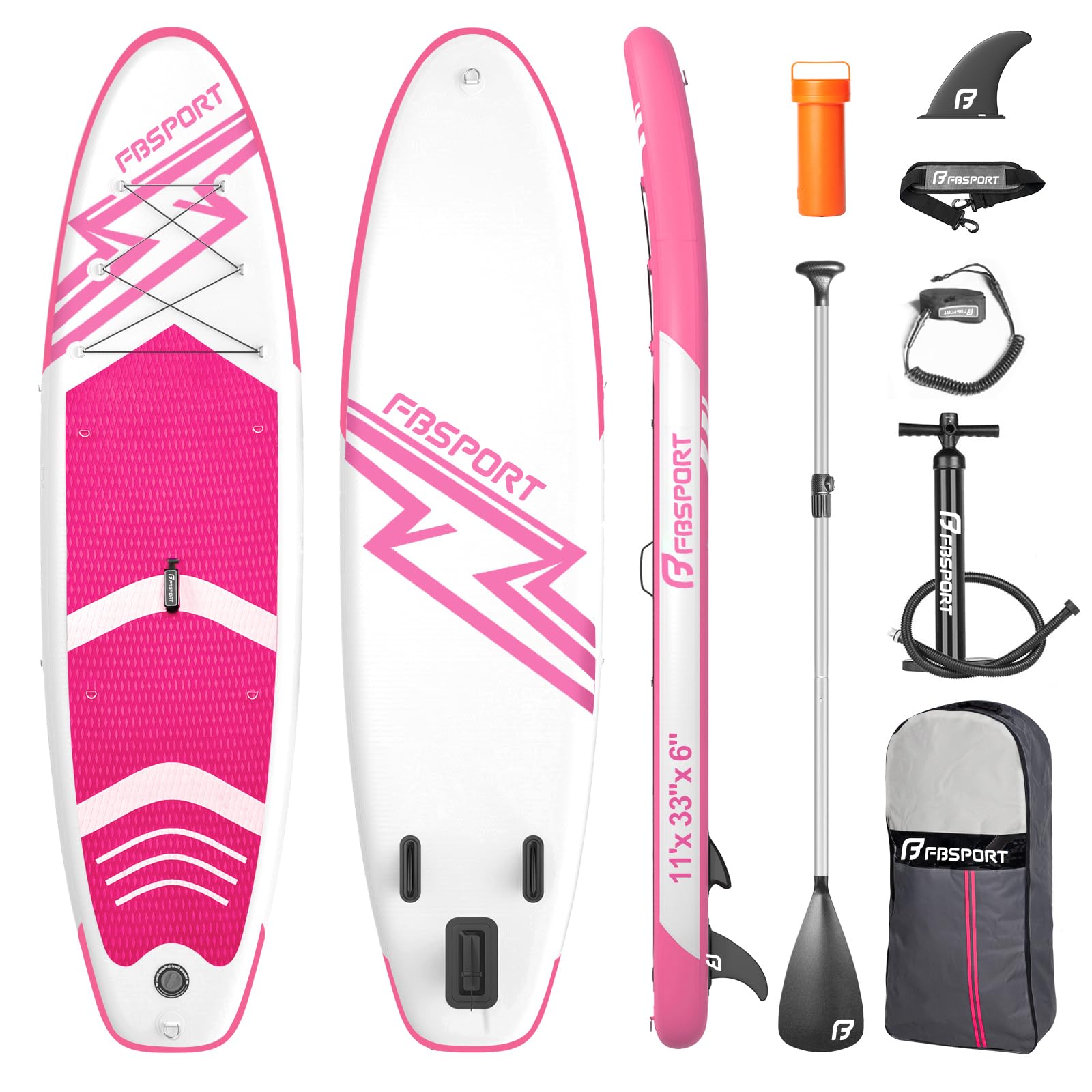 FBSPORT 11' Premium Stand Up Paddle Board, Yoga Board with SUP Accessories & Carry Bag | Wide Stance, Surf Control, Non-Slip Deck, Leash, Paddle and Pump for Youth & Adult (Pink) Image