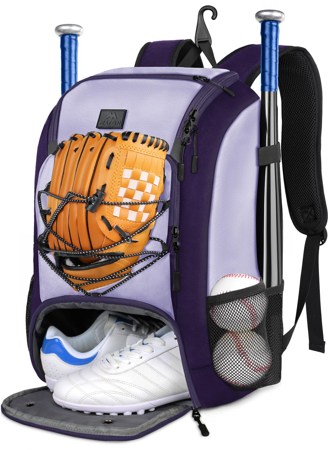 MATEIN Purple Baseball Backpack, Lightweight Bat Bag with Large Strorage Design & Fence Hook for Softball Training, All-in-One Baseball Bag for Teens & Adults Players Holds 2 Tball Bats, Cleats, Glove Image