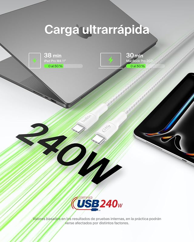 Cabo Eco trançado C para C de 2 m e 240 W, Carregamento Rápido, suave e flexível para iPhone 16, Galaxy S25, Pixel 9, MacBook, iPad Pro - Branco