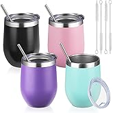 12oz/4 Pack Wine Tumbler with lid, Stainless Steel Travel Mugs Stemless Double Wall Insulated Coffee Cup, Insulated Wine Glasses Travel Tumbler for Cold & Hot Drinks(Mixed color-2, 4)