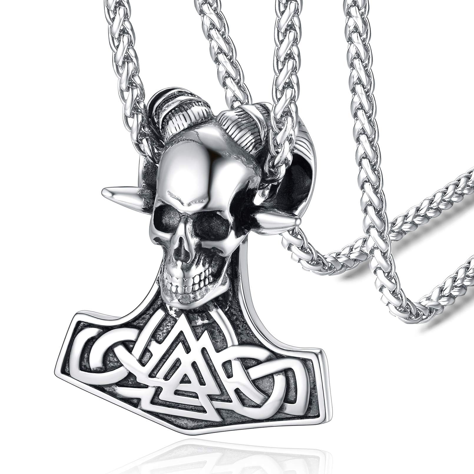 FaithHeart Viking Skull Jewellery Stainless Steel Nordic Hammer Mjolnir Pendant Necklace Punk Accessories Males Gift for Birthday