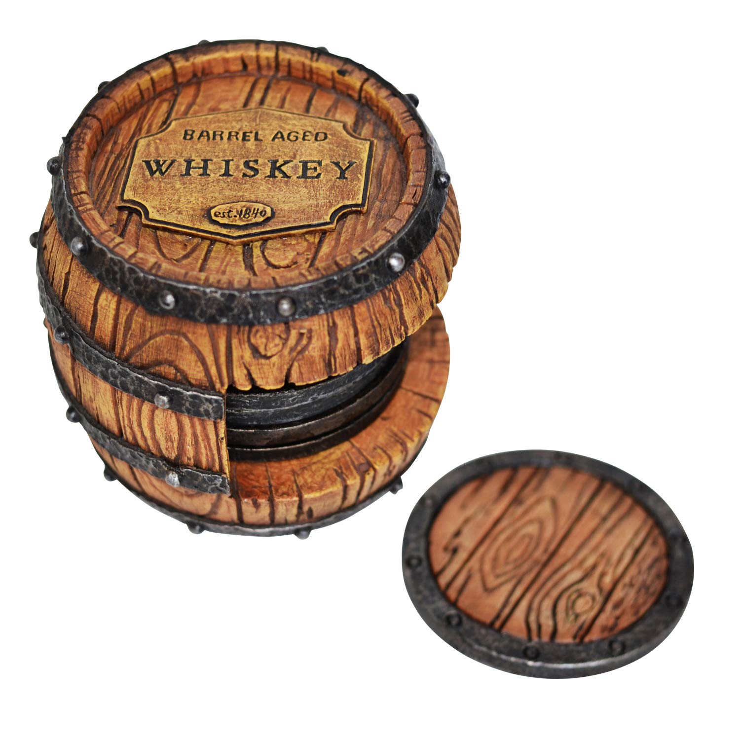 Beer & Whiskey Glass Modern Drink Coasters with Holder for Man Cave, 5pc Whiskey Bourbon Barrel, Unique Home Bar Decor & Accessories, Home Decorations for Dining Room