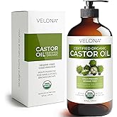 velona USDA Certified Organic Castor Oil – 16 fl oz in Glass Bottle | Cold-Pressed, Hexane-Free, USP Grade | Promotes Hair Growth, Eyelash & Eyebrow Enhancement | Bottled in USA