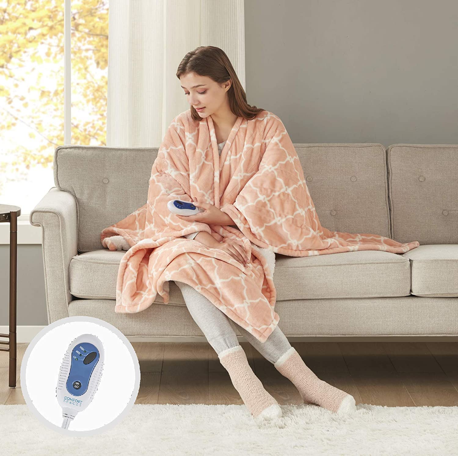 Photo 1 of *MISSING CONTROL* Comfort Spaces Plush to Sherpa Electric Blanket Shawl Shoulder, Neck Wrap with Matching Sock Set, Giftable Ultra Soft, Warm, Snuggle Fleece-Reversible Heated Poncho Throw, 50" W x 64" L, Ogee Blush