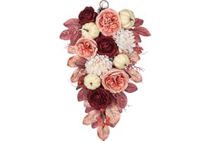 GNFLUS Harvest Teardrop Swag Fall Floral Swag sway with White Pumpkin Chrysanthemum Rose and Eucalyptus Leaves Autumn Teardrop sway for Home Front Door Wall Mantel Window Decor Pink and Burgundy
