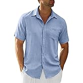 Runcati Mens Button Down Shirts Casual Short Sleeve Linen Shirt Summer Beach Textured Tops with Pocket