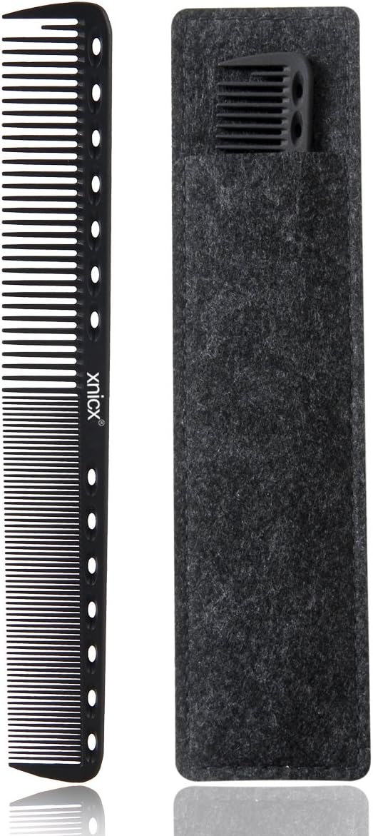 xnicx 605 Black Carbon Barber Comb Cutting Comb 230℃ Heat Resistant Anti-static Fine Cutting Grip Comb Hairdressing Comb Master Barber Comb with shallow coarse and fine tooth-14 holes