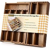 BIEOFFEI Acacia Wood Silverware Drawer Organizer, 21 Inch Adjustable Cutlery Tray for Kitchen Utensils, Silverware Flatware Storage Box with 5 Detachable Dividers(8-Compartment)