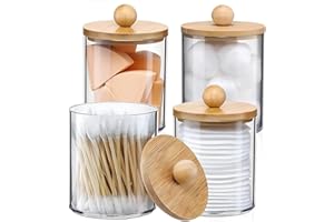 4 Pack Qtip Holder Dispenser with Bamboo Lids - 10 oz Clear Plastic Apothecary Jar Containers for Vanity Makeup Organizer Sto