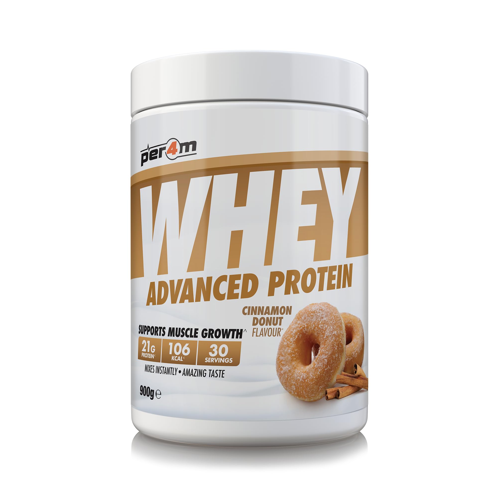 Per4m Whey Protein Powder | High Protein Shake for Muscle Growth & Recovery | Low Sugar Gym Supplement | Sports Nutrition Drink + Amino Acids (900g, Cinnamon Donut)