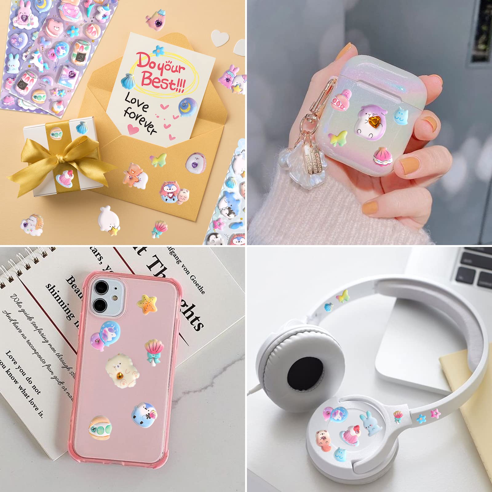 Thick Puffy Stickers for Kids Girls Cute Kawaii Japanese Soft Stickers for Teens Large 3D Squishes Stickers with Gem Embellishment Reusable Puff Stickers for Stationary Phone Case,6 Sheets.