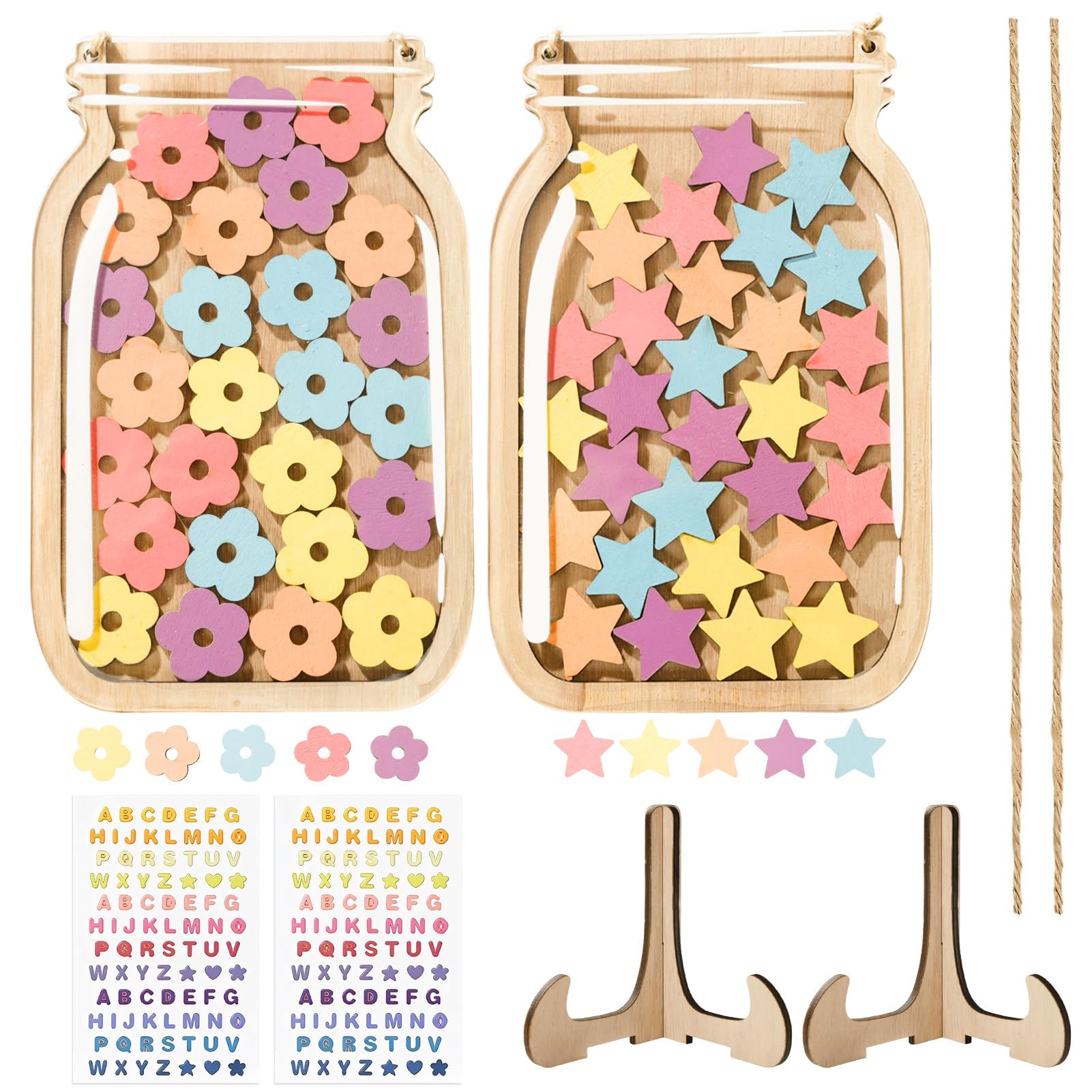 2 Pcs Reward Jar, Wooden Reward Jars for Children with 30 Stars and 30 Flowers, Good Behaviour Chart Reward Pot, Star Jar Reward System for Home School Classroom Teacher Parent with Alphabet Stickers