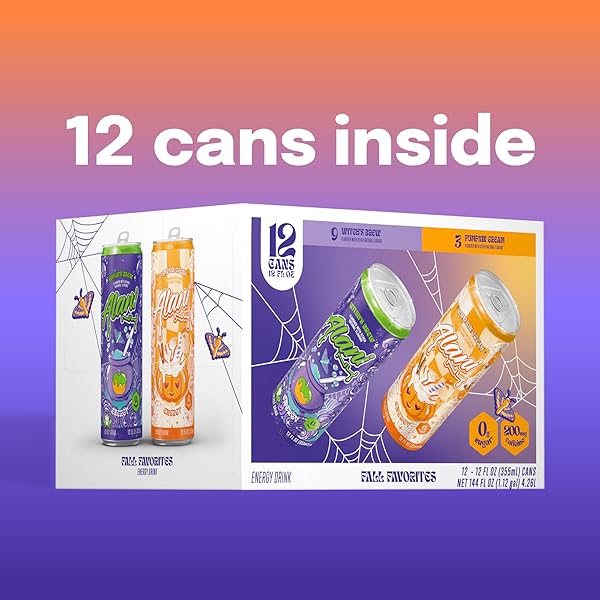 ALANI NU VARIETY PACK – WITCH’S BREW & PUMPKIN CREAM SUGAR FREE, LOW CALORIE ENERGY DRINKS, 200MG CAFFEINE, ANTIOXIDANTS, BIOTIN B VITAMINS, ZERO SUGAR, 15 CALORIES OR LESS, 12 FL OZ CANS (12 PACK)