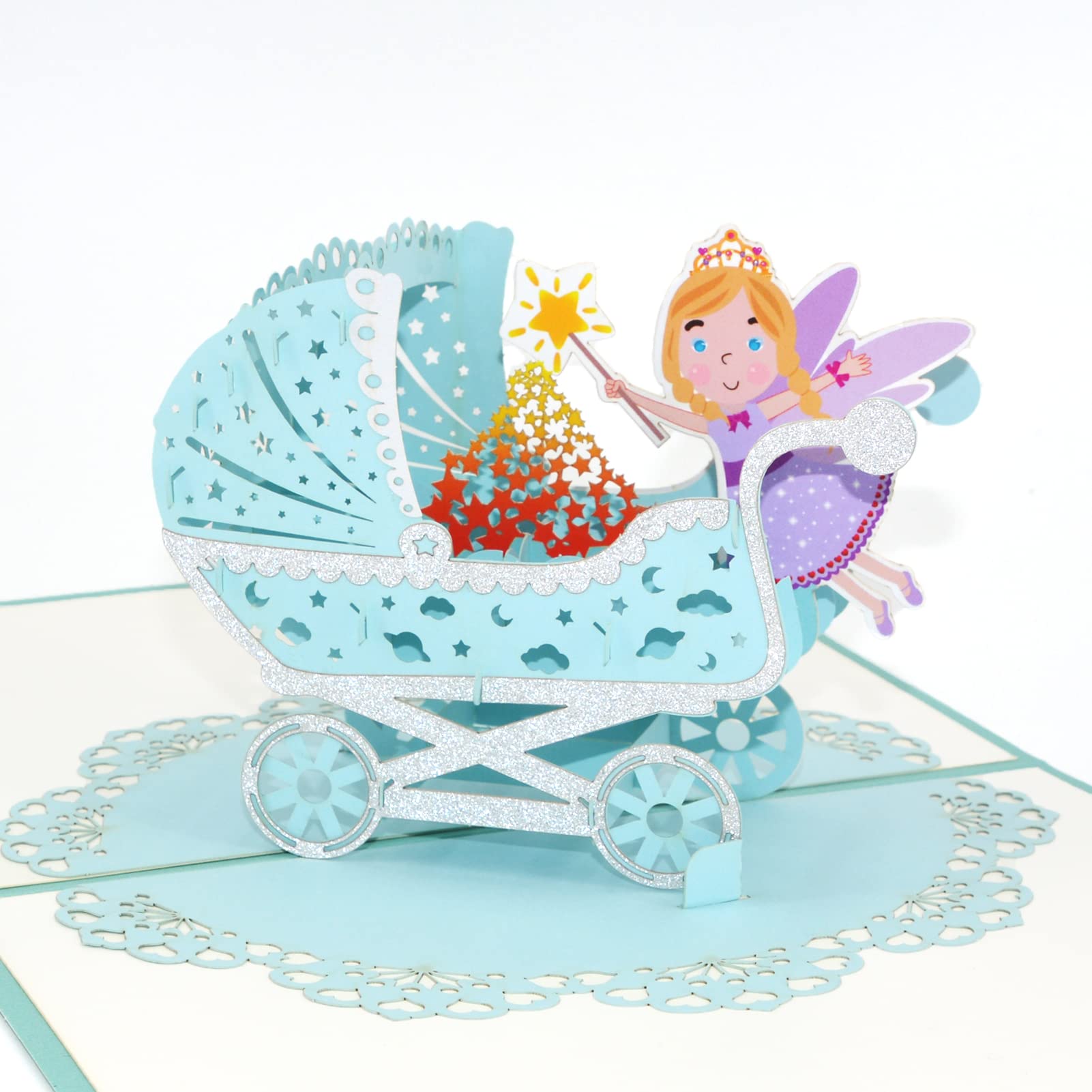Fassory 3D Pop-up New Baby Greeting Card, Baby Shower Card, Fairy Bless Baby Pram Congratulations Card for Newborn Boys/Girls, Baby Birthday Card (Blue Green)