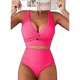 Herseas Women's Textured Bikini Sets Twist Front Top Swimsuits High Waisted Bathing Suits