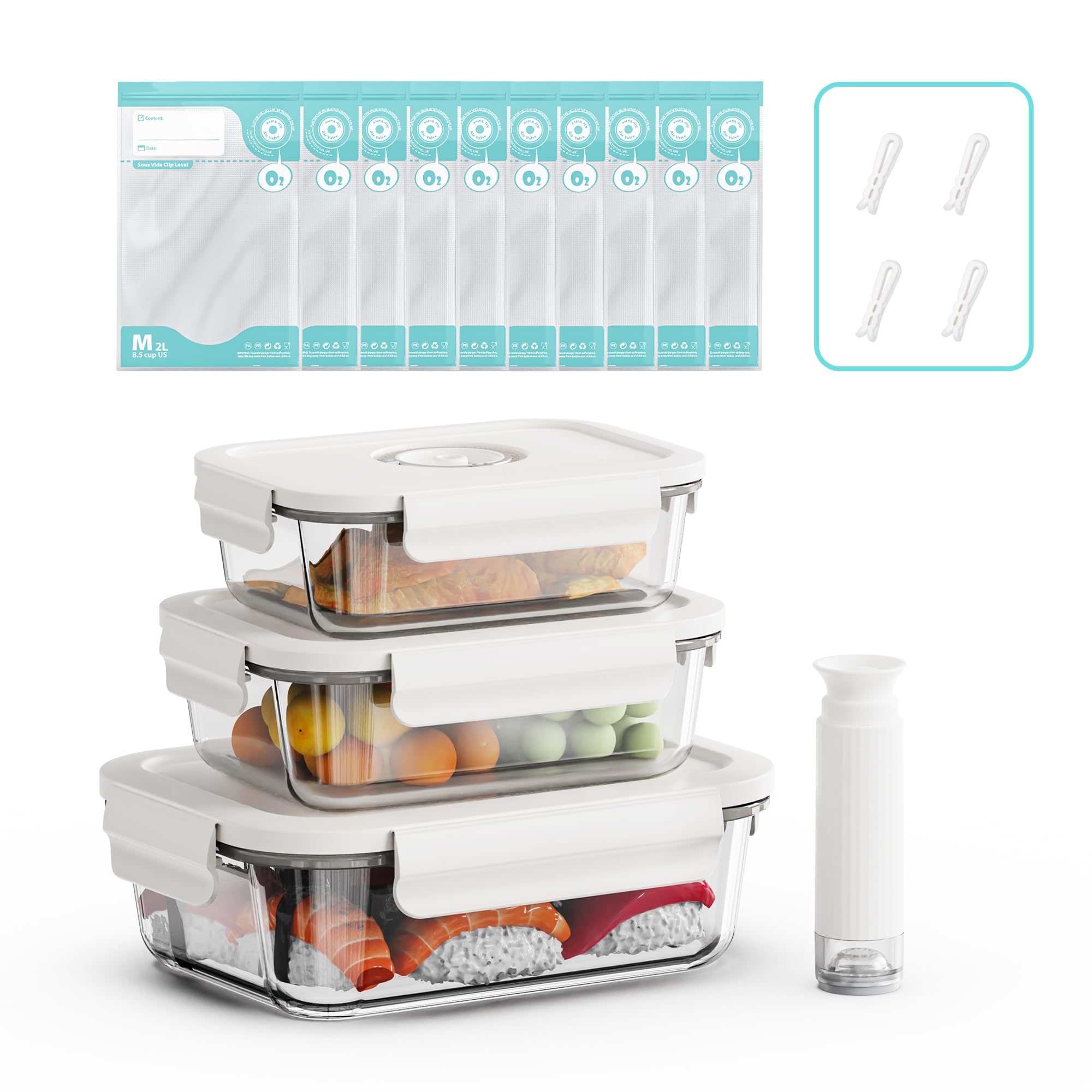 Photo 1 of Domsanistor Vacuum Seal Glass Food Storage Containers, 3pcs Containers with 10pcs Sous Vide Bags/ 1pc Manual Pump, Meal Prep Container with Airtight Locking Lids for Lunch, Long-Lasting Freshness