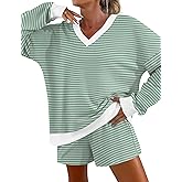 AKEWEI Womens Pajama Sets V Neck Long Sleeve Top and Shorts Cozy Loungewear with Pocket