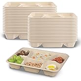 Hyuetrsa 50 Pack Heavy-Duty Compostable Trays 6 Compartment Plates Disposable 6-Section Bagasse Plates for School, Party & Catering (11"x8" Eco-Friendly, Microwave/Freezer Safe)