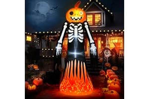SUNVIGOR 9FT Halloween Inflatables Giant Halloween Decorations Outdoor Built-in Flame Flashing Projection Light Blow Up Yard Decorations Scary Pumpkin Skeleton Ghost Decor for Halloween Party