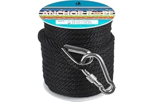 DEDU 3/8 Inch 150 FT Anchor Rope, Solid Braid MFP Boat Line With 316 Stainless Steel Thimble and Snap Hook - Black