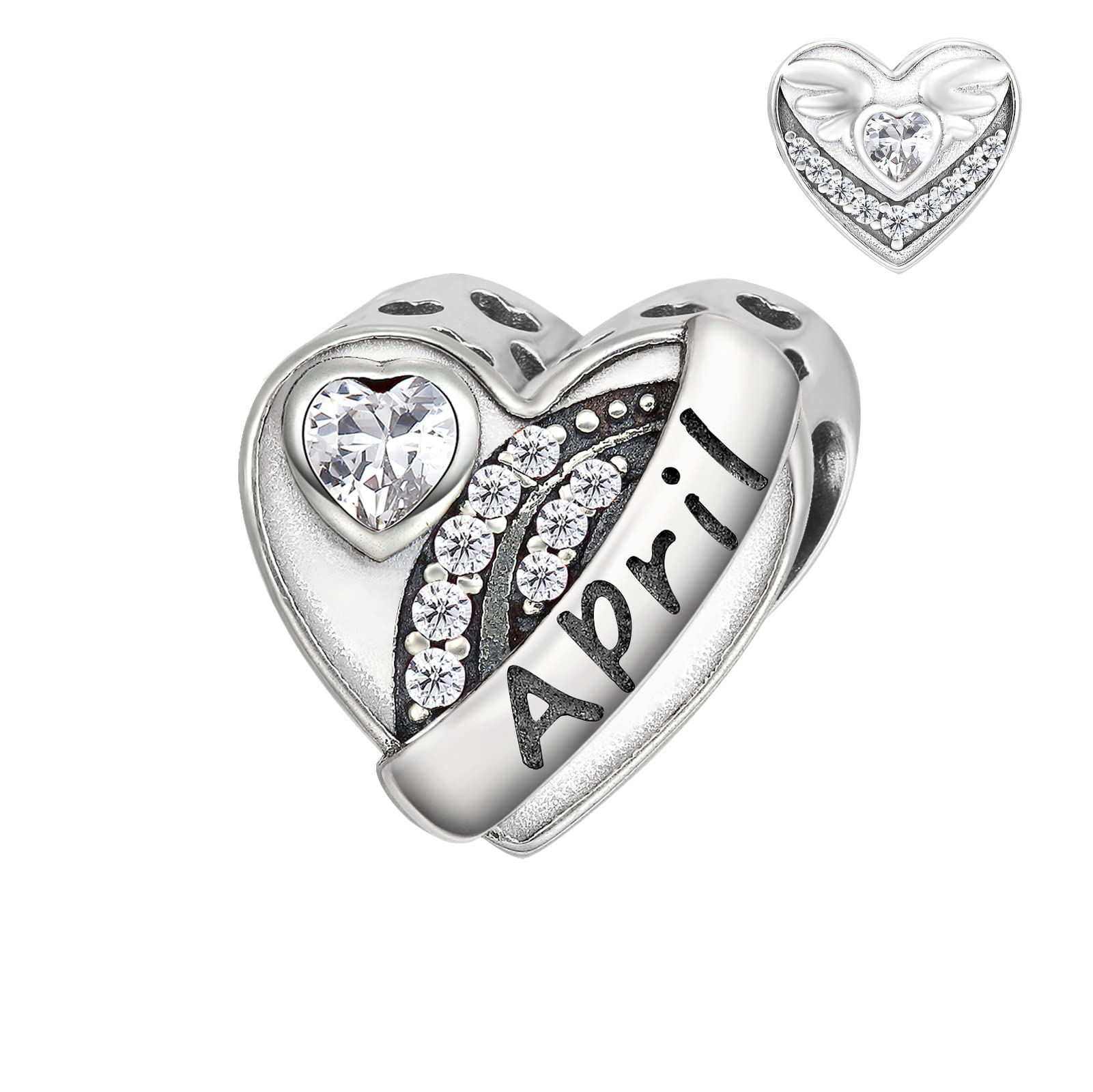 Qings April Birthstone Charms for Bracelet Sterling Silver 925 Love Heart Moissanite Birth Stone Angle Wing Cubic Zirconia Bead Charm Fit for Bracelets Necklace Birthday Christmas Gifts for Women
