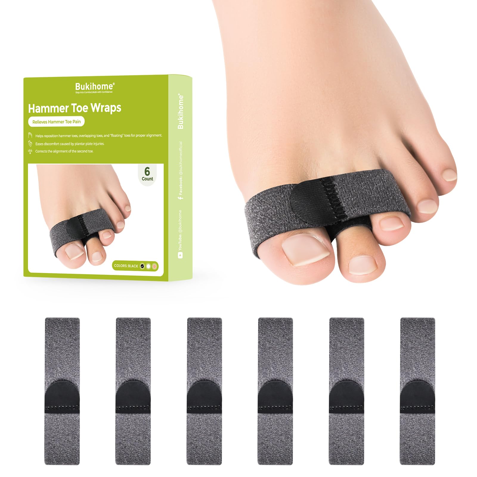 Photo 1 of Bukihome Hammer Toe Straightener - Reusable Fabric Toe Wraps Protect and Straighten Hammertoes - Toe Corrector for Men and Women - Realign Bent, Curled, Crooked, Claw, Hammer Toes (Dark Gray, 6 Pack)