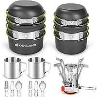 Odoland 16pcs Camping Cookware Mess Kit for 2 People, Lightweight Pot Pan Mini Stove with 2 Cups, Fork Spoon Kits for Backpac