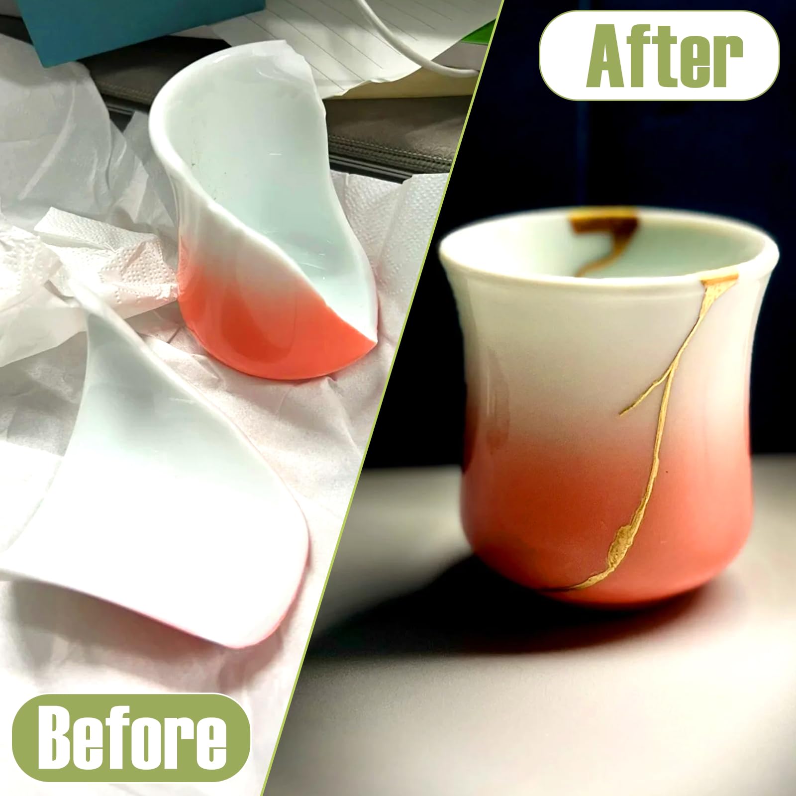 Kintsugi Repair Kit Gold，Kintsugi Repair Kit Food Safety Quickly Repair Your Precious and Meaningful Pottery，Japanese Gold Repair Kit Can Be Used to Repair Ceramics, Glass, Pottery