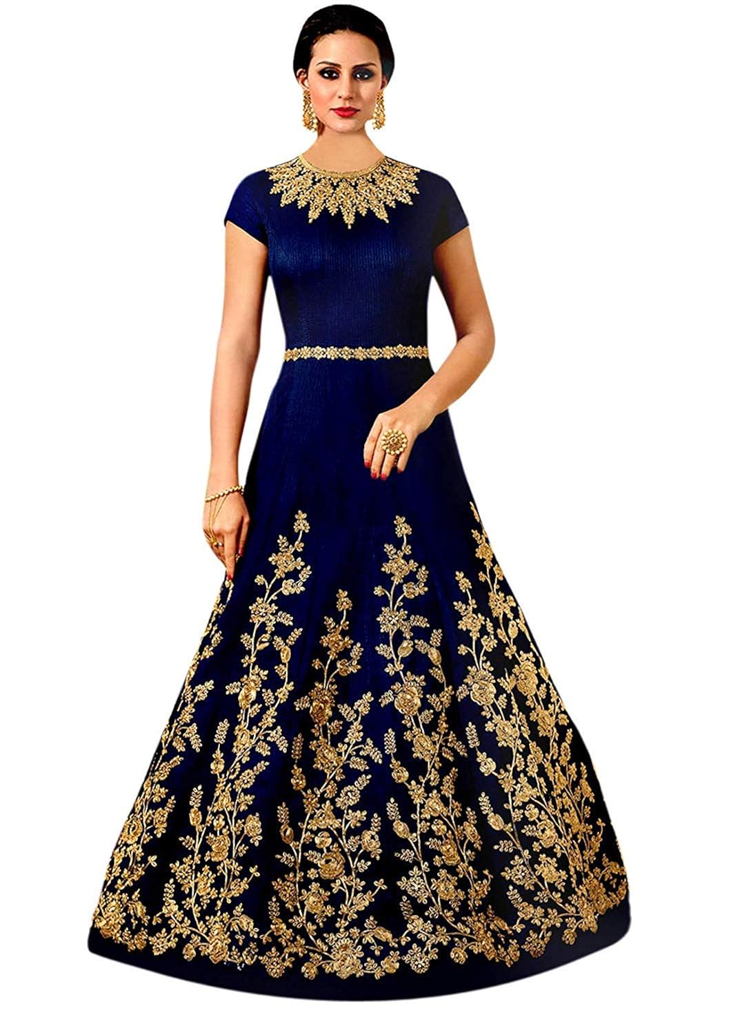 drashti villa woman's embroidered taffeta silk anarkali gown (veli blue)