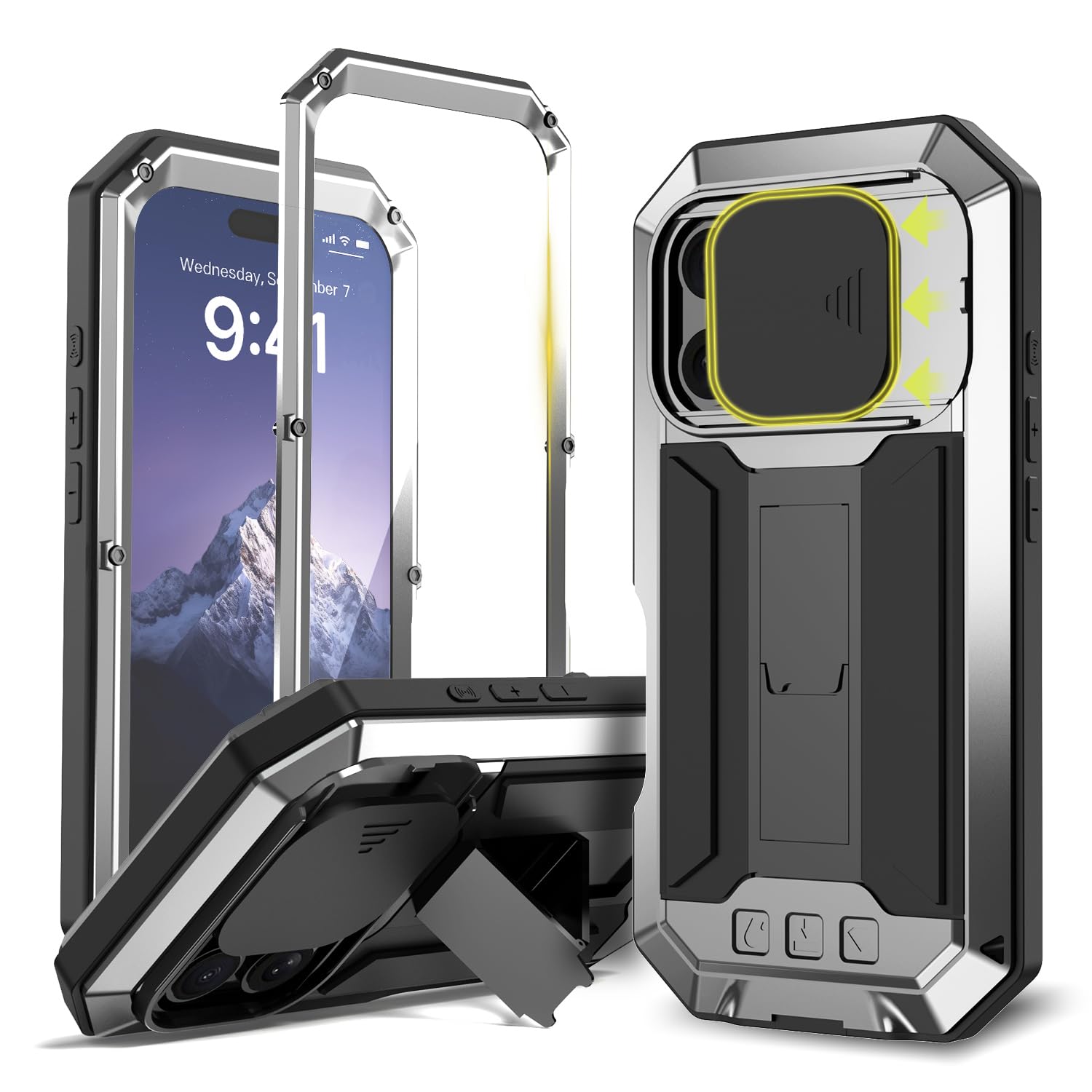 Compatible for iPhone 16 Pro 5G Case, Aluminum Metal Gorilla Glass Shockproof Military Heavy Duty Sturdy Protector Cover Hard Case with Sliding Camera Cover & Screen Protector & Kickstand (Silver)